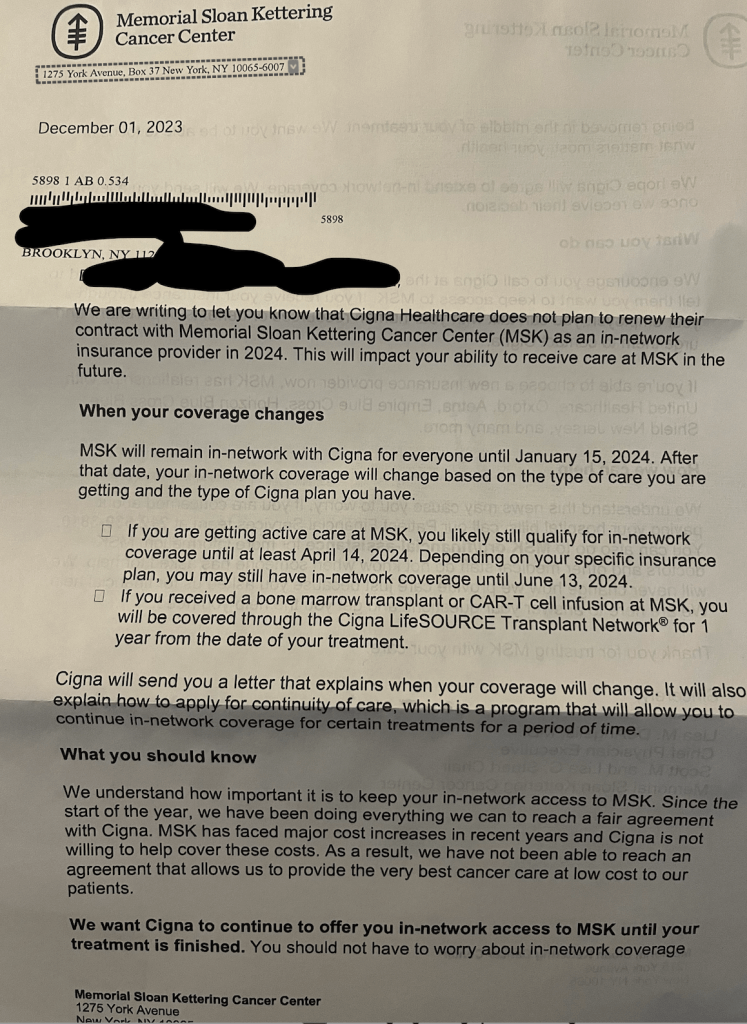 letter from MSK stating the CIGNA will not renew contract with MSK for 2024